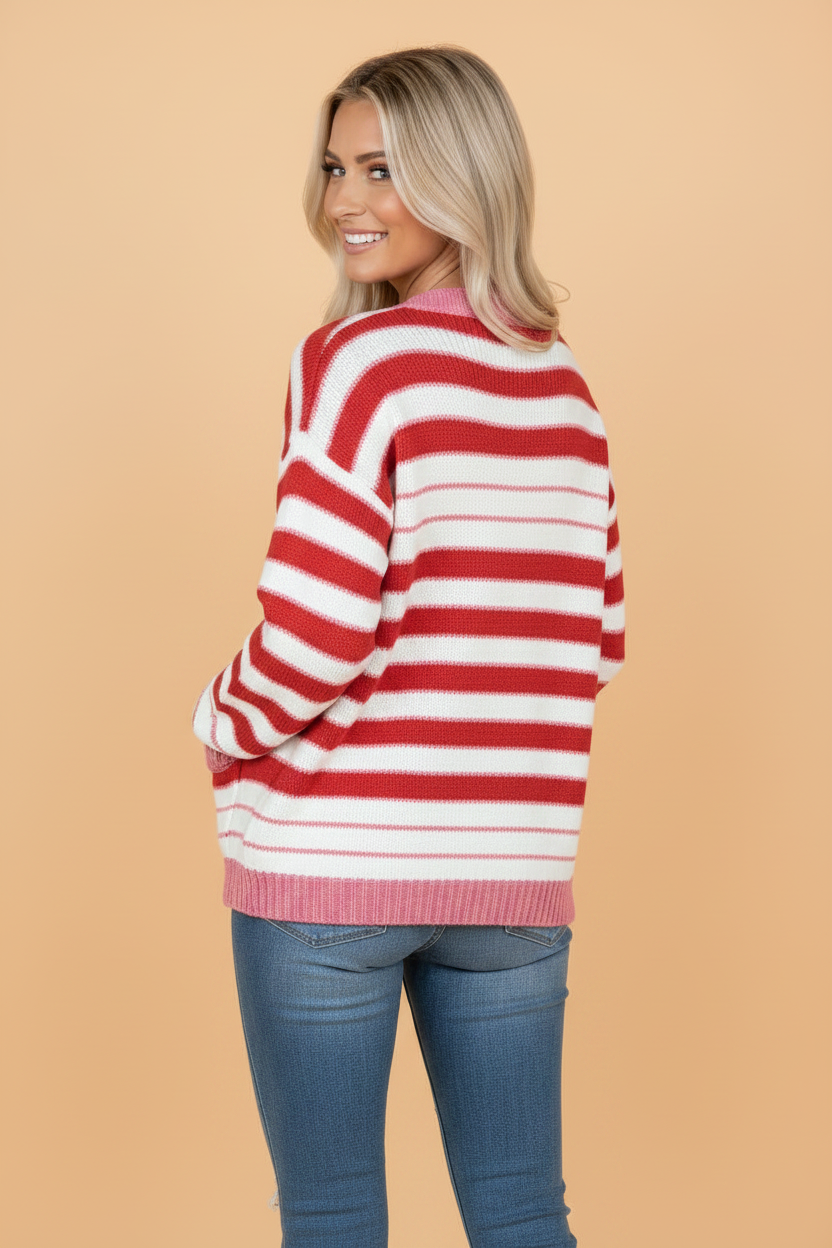 Stripe V-Neck Long Sleeve Button Front Cardigan