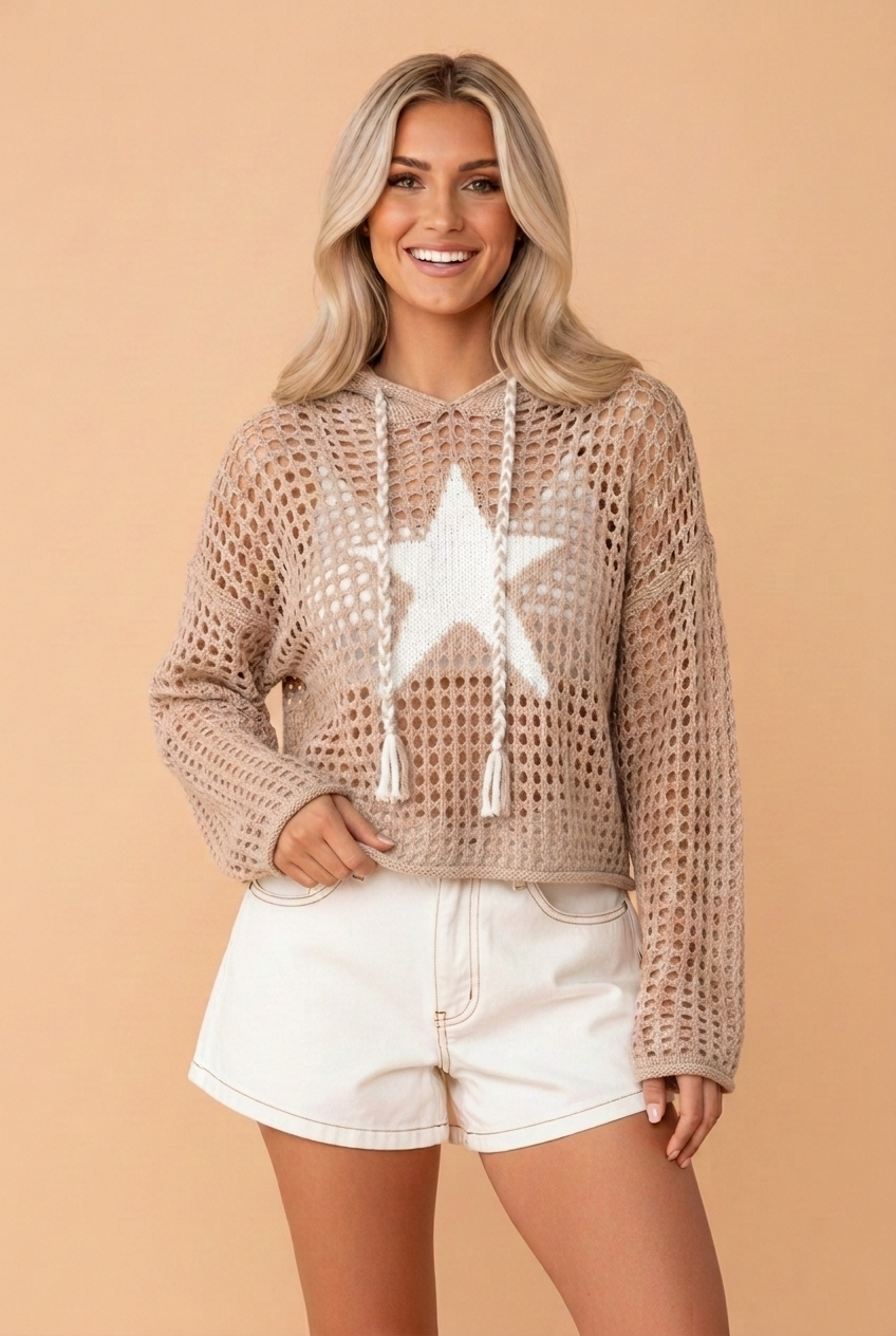 Star Patch Crochet Drawstring Hoodie Sweater