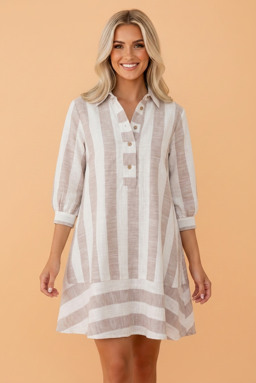 Stripe Buttoned Collar 3/4 Sleeve Shift Dress