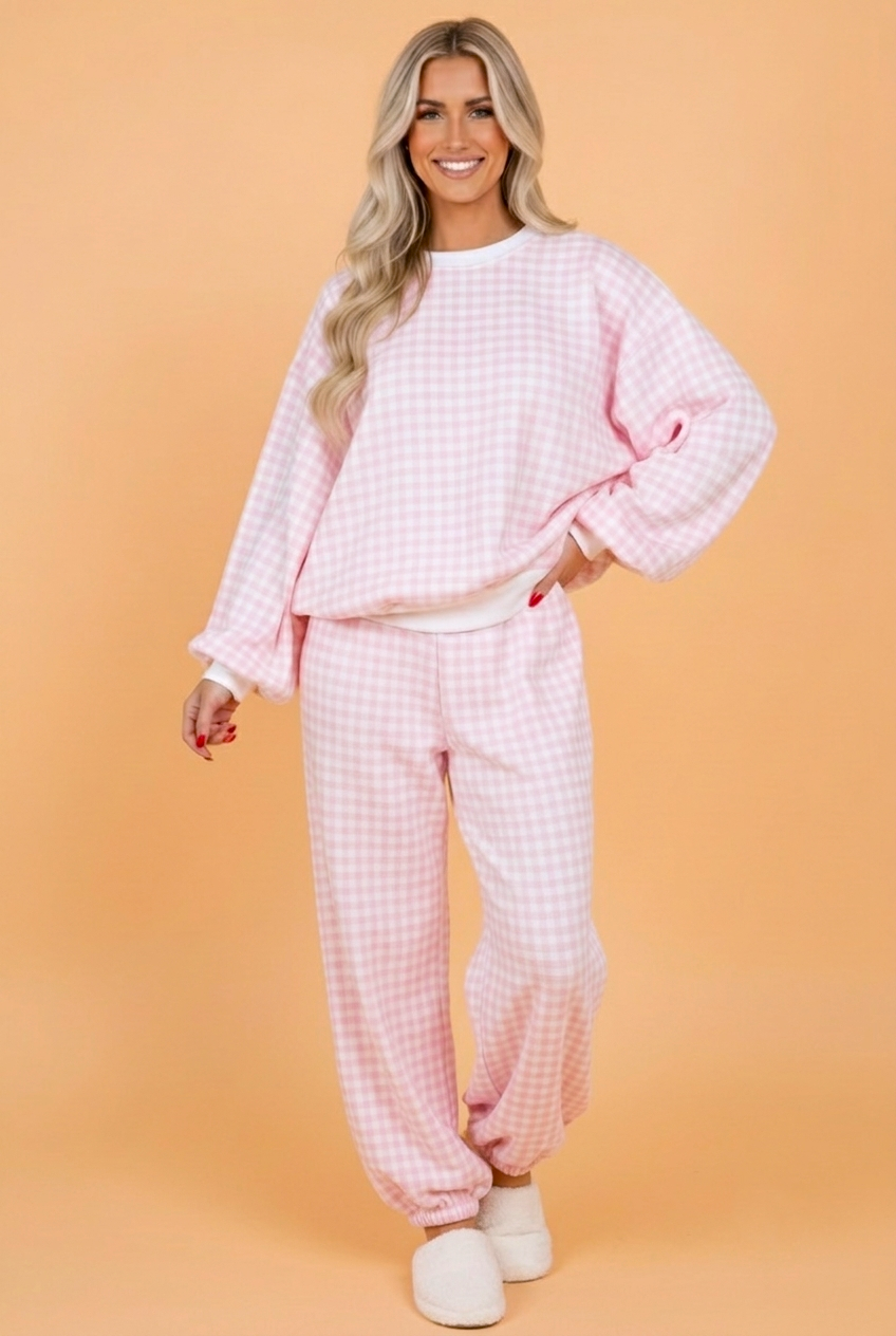 Gingham Long Sleeve Top & Gathered Hem Pants Set