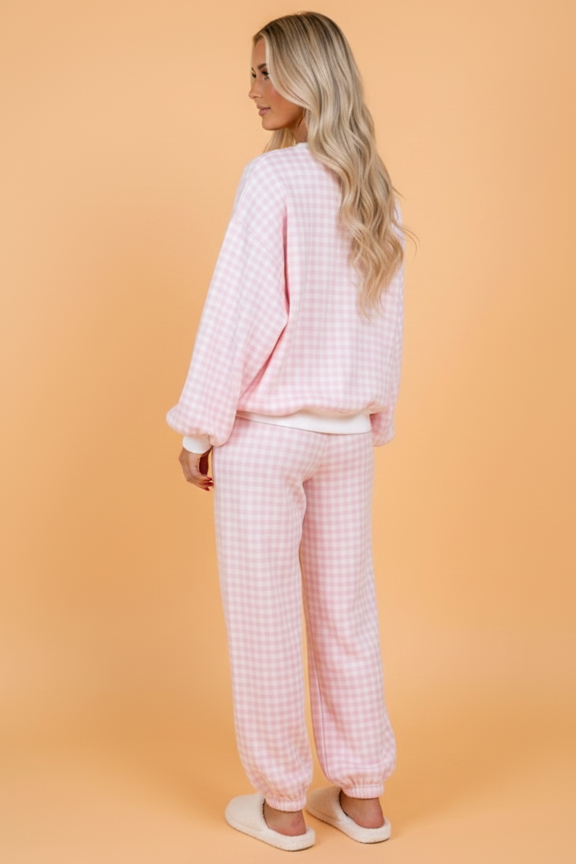 Gingham Long Sleeve Top & Gathered Hem Pants Set