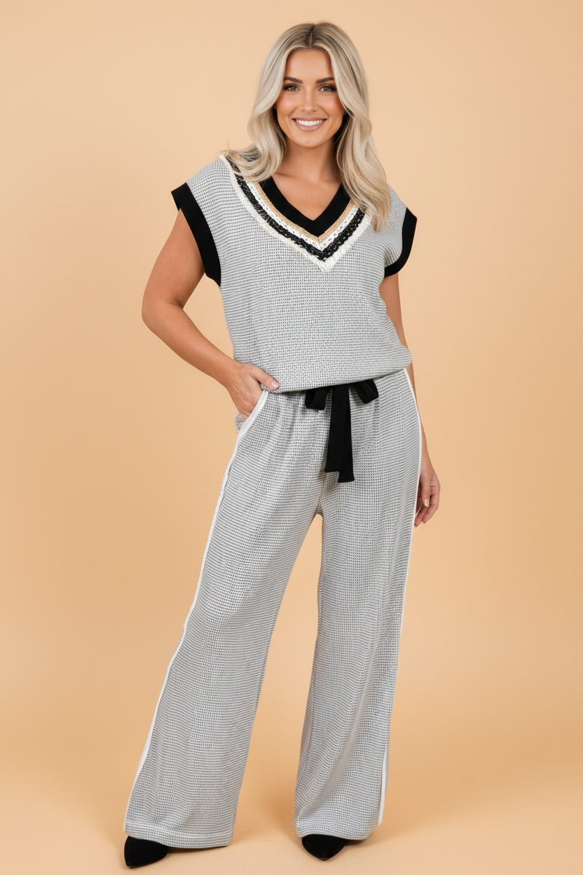 Colorblock Fringe Trim V-Neck Tank & Drawstring Pants Set
