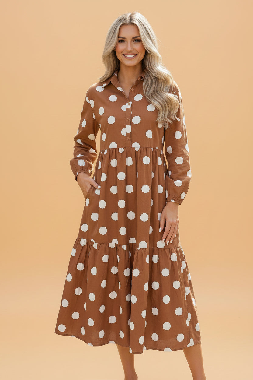 Polka Dot Buttoned Long Sleeve Tiered Midi Dress