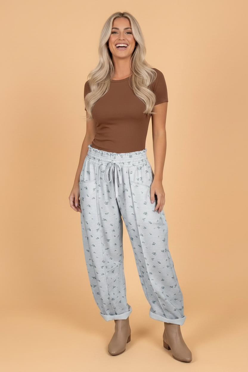 Floral Drawstring High Waist Seamed Barrel Pants