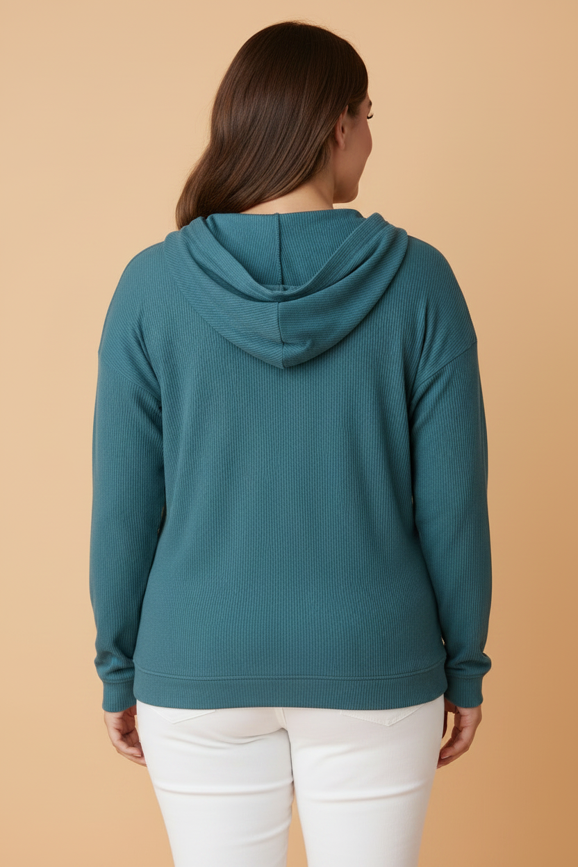 Plus Size Ribbed Drop Shoulder Long Sleeve Hooded Sweatshirt