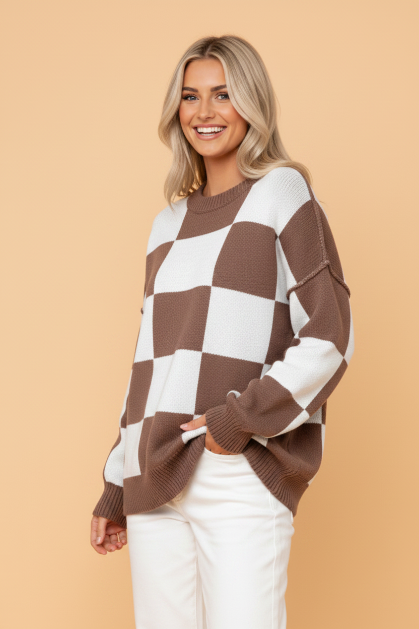 Checker Exposed Seam Drop Shoulder Long Sleeve Sweater