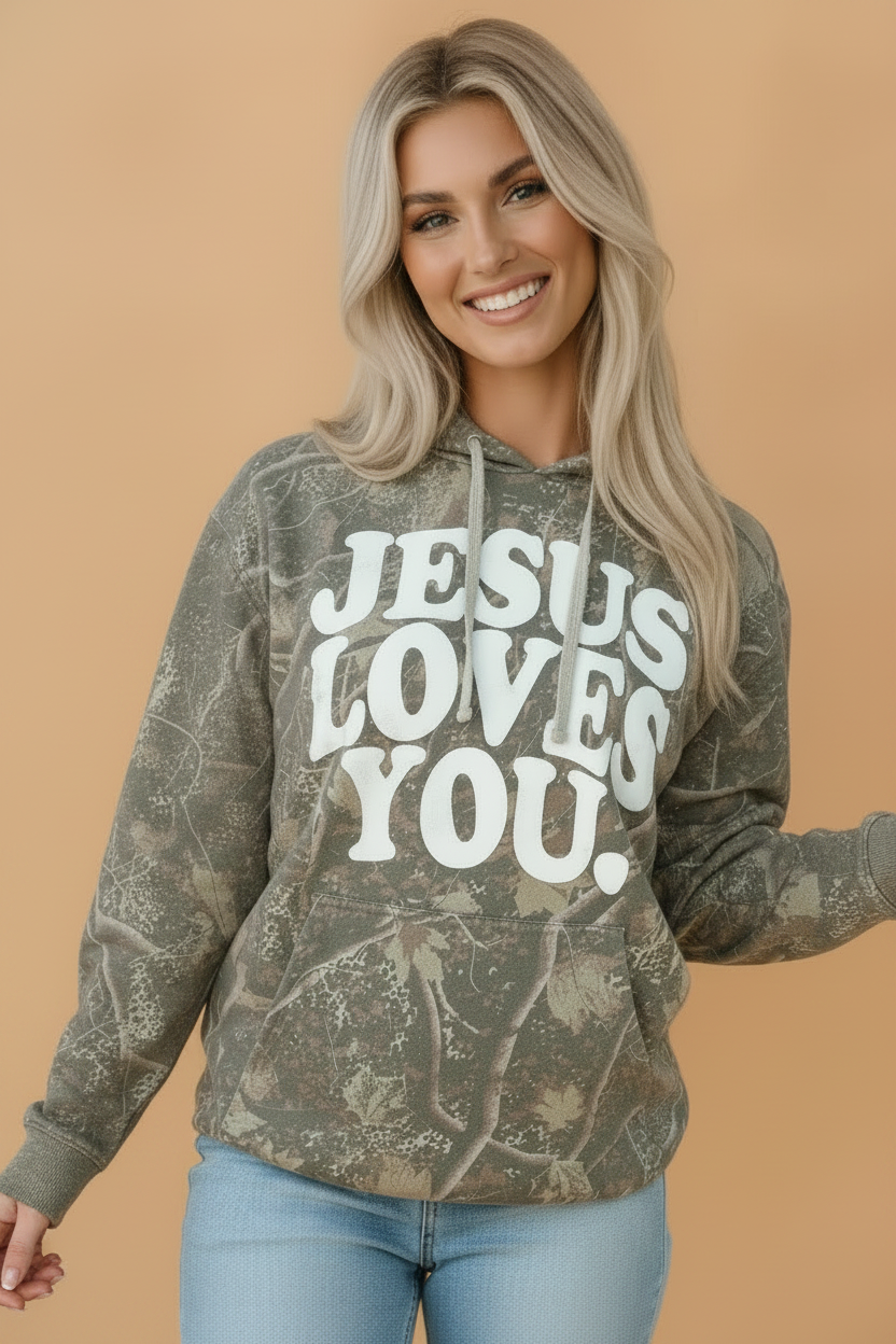 JESUS LOVES YOU Camo Graphic Print Hoodie