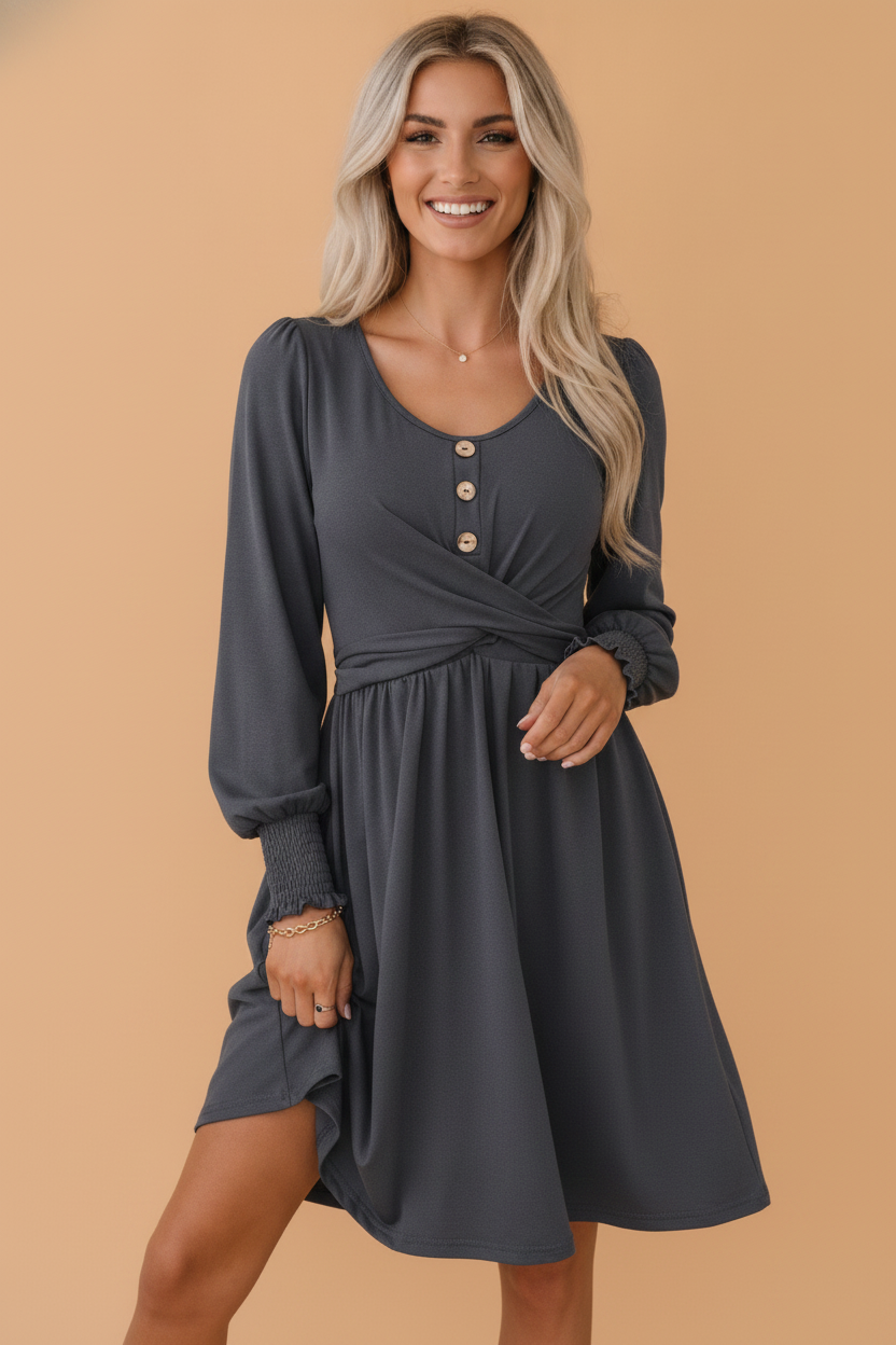 Solid Shirred Cuff Long Sleeve Buttoned Mini Dress