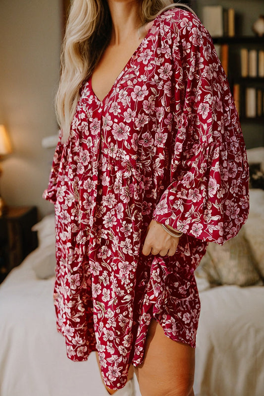 Plus Size Floral Balloon Sleeve V-Neck Mini Dress
