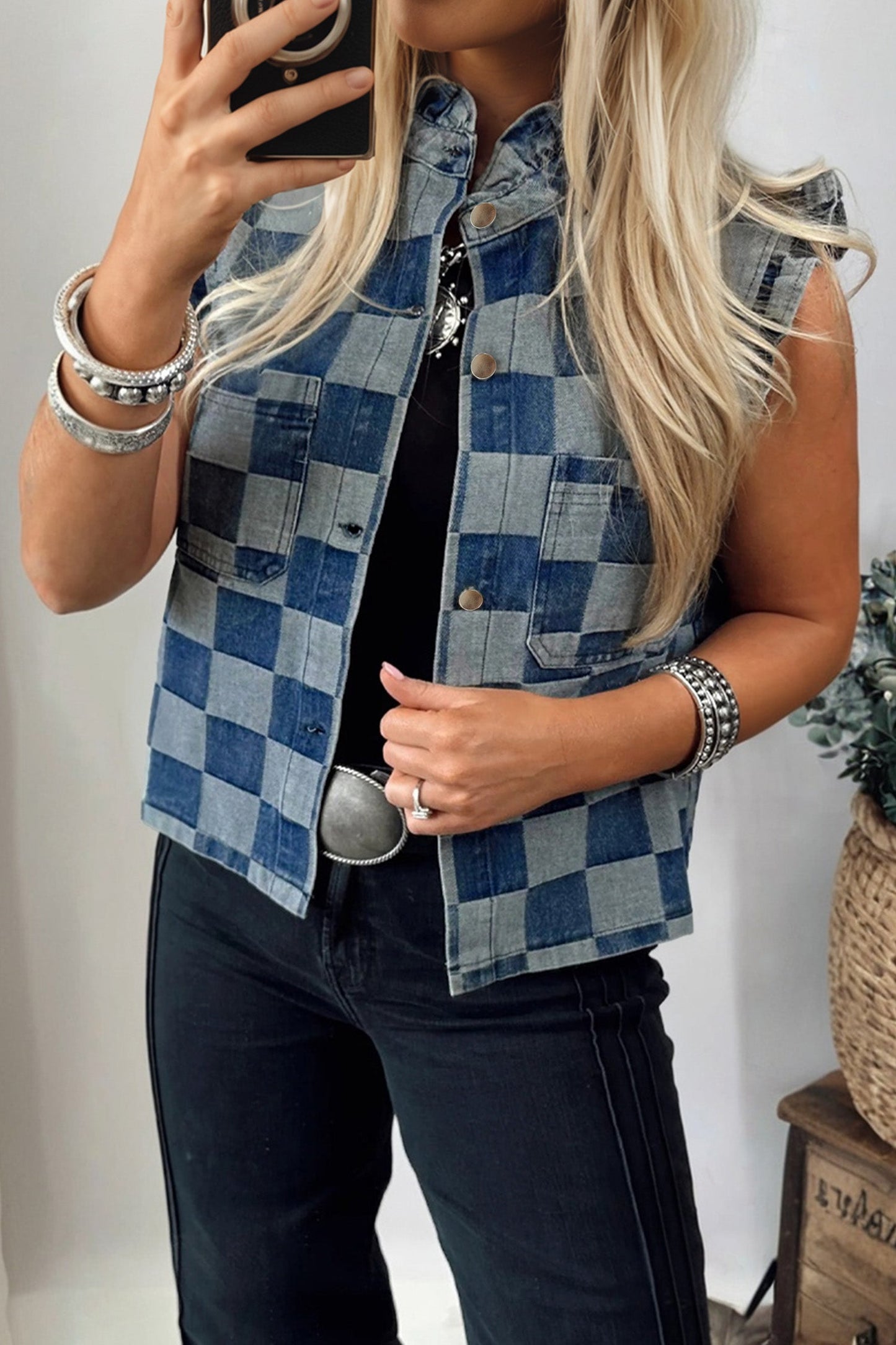 Checker Ruffle Trim Button Down Denim Vest
