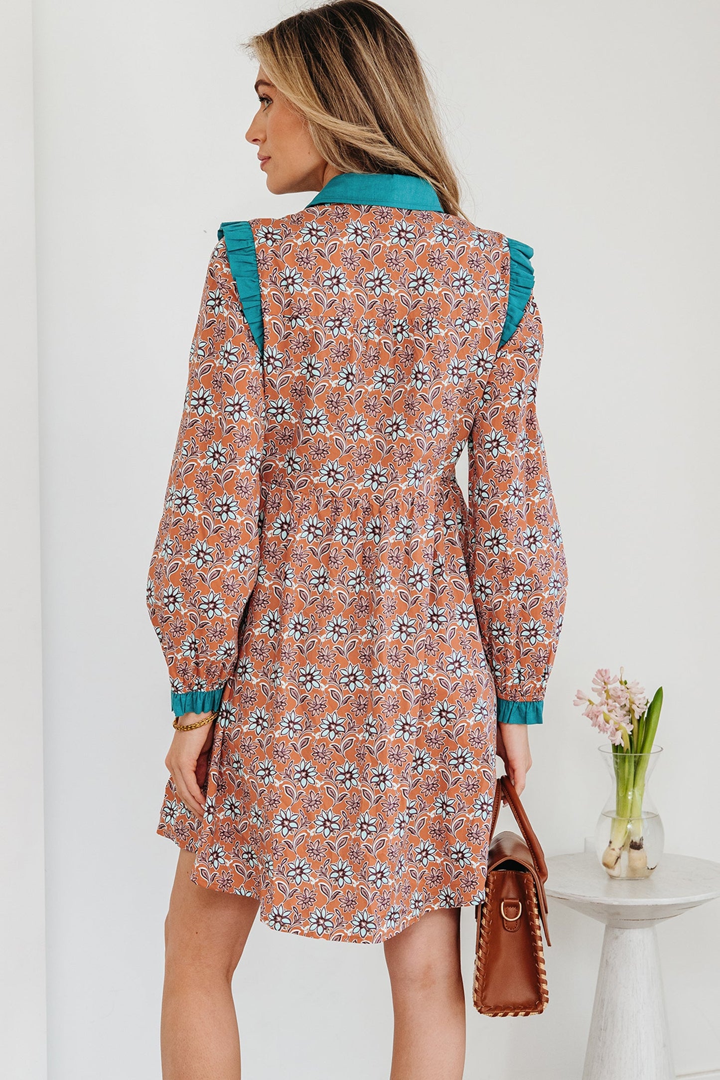 Floral Boho Contrast Collar Mini Shirt Dress