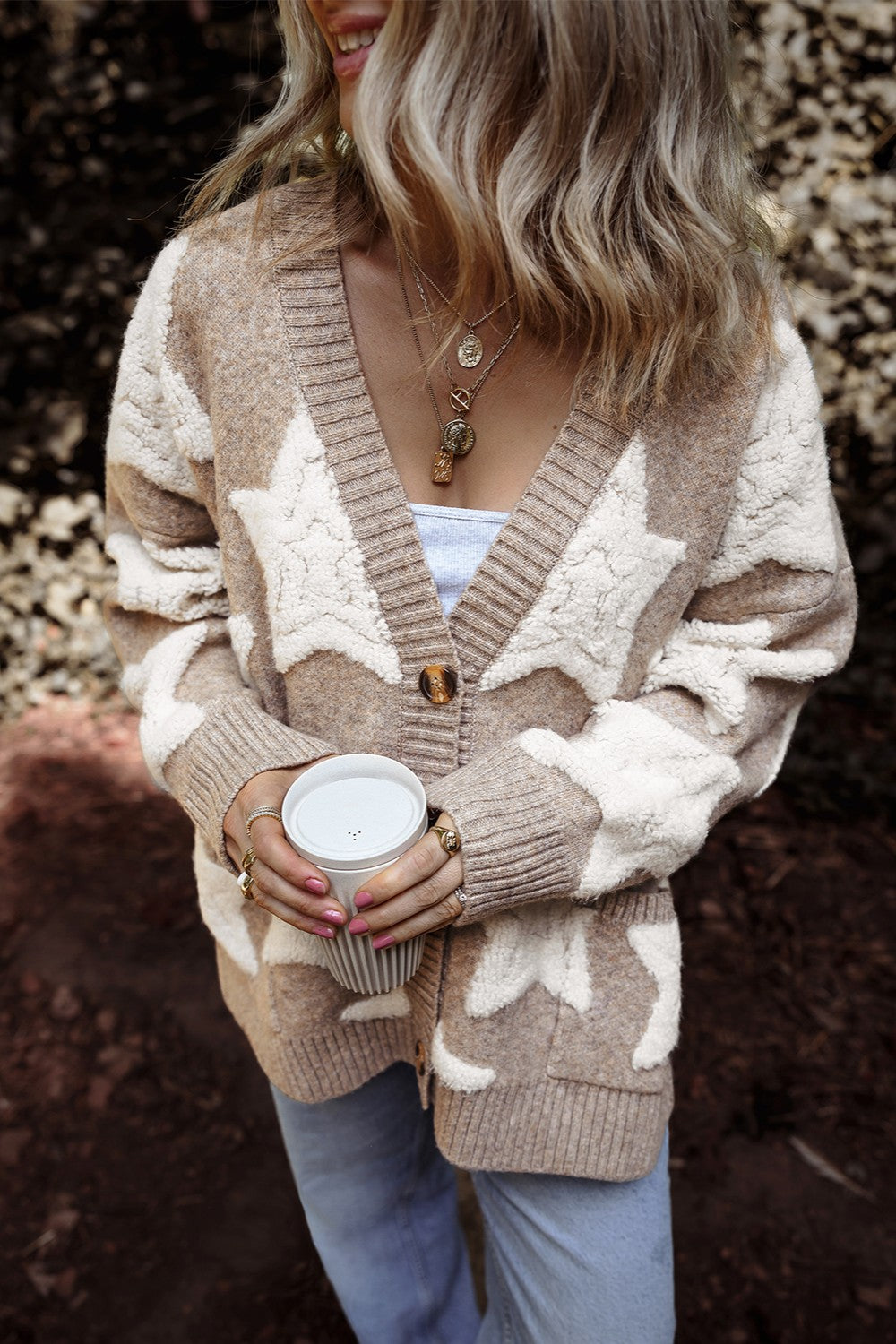 Women Star Button Up Long Sleeve Cardigan