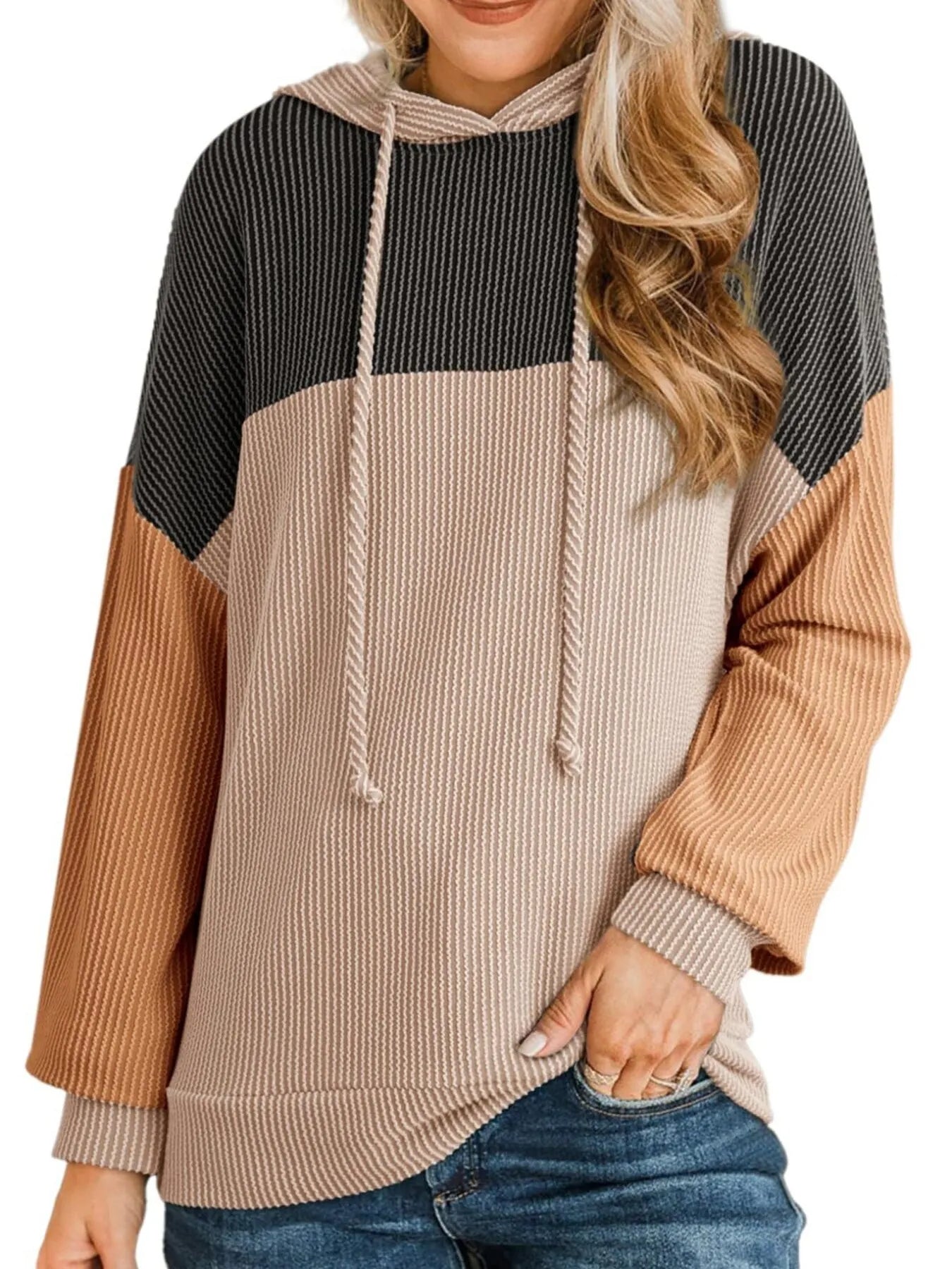 Women Drawstring Color Block Long Sleeve Hoodie