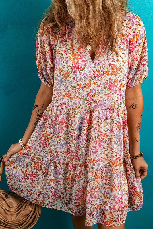 Floral Puff Sleeve V-Neck Tiered Mini Dress