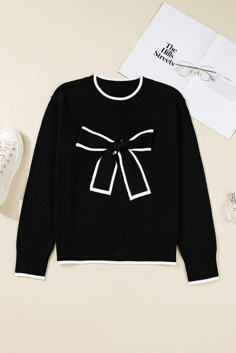 Bow Contrast Trim Long Sleeve Cropped Christmas Sweater