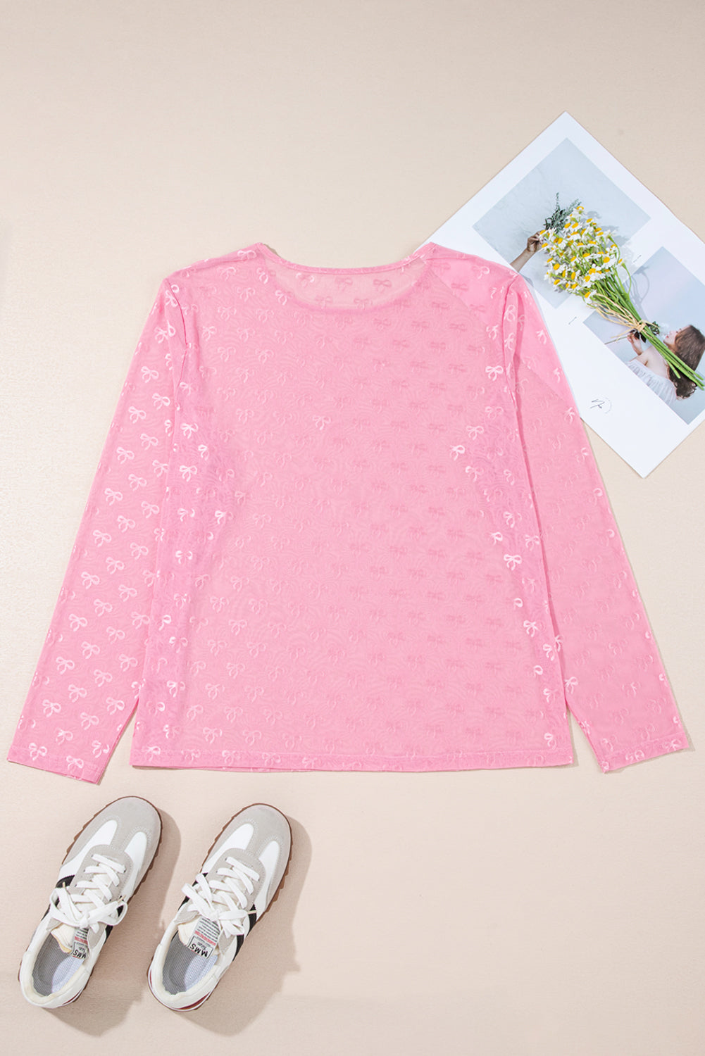 Plus Size Bow Embroidered Long Sleeve Mesh Top