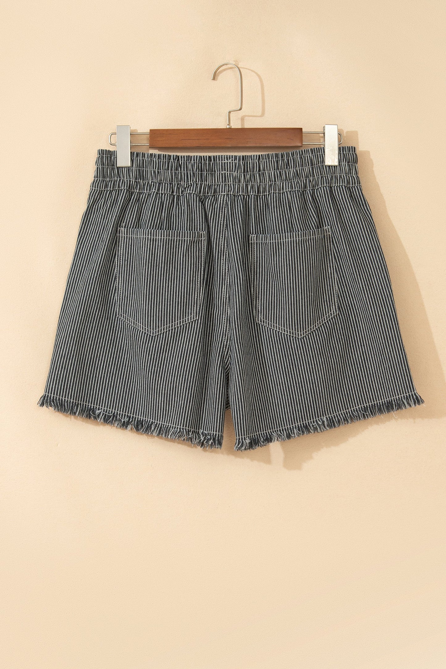 Stripe Denim Raw Edge Drawstring Waist Shorts