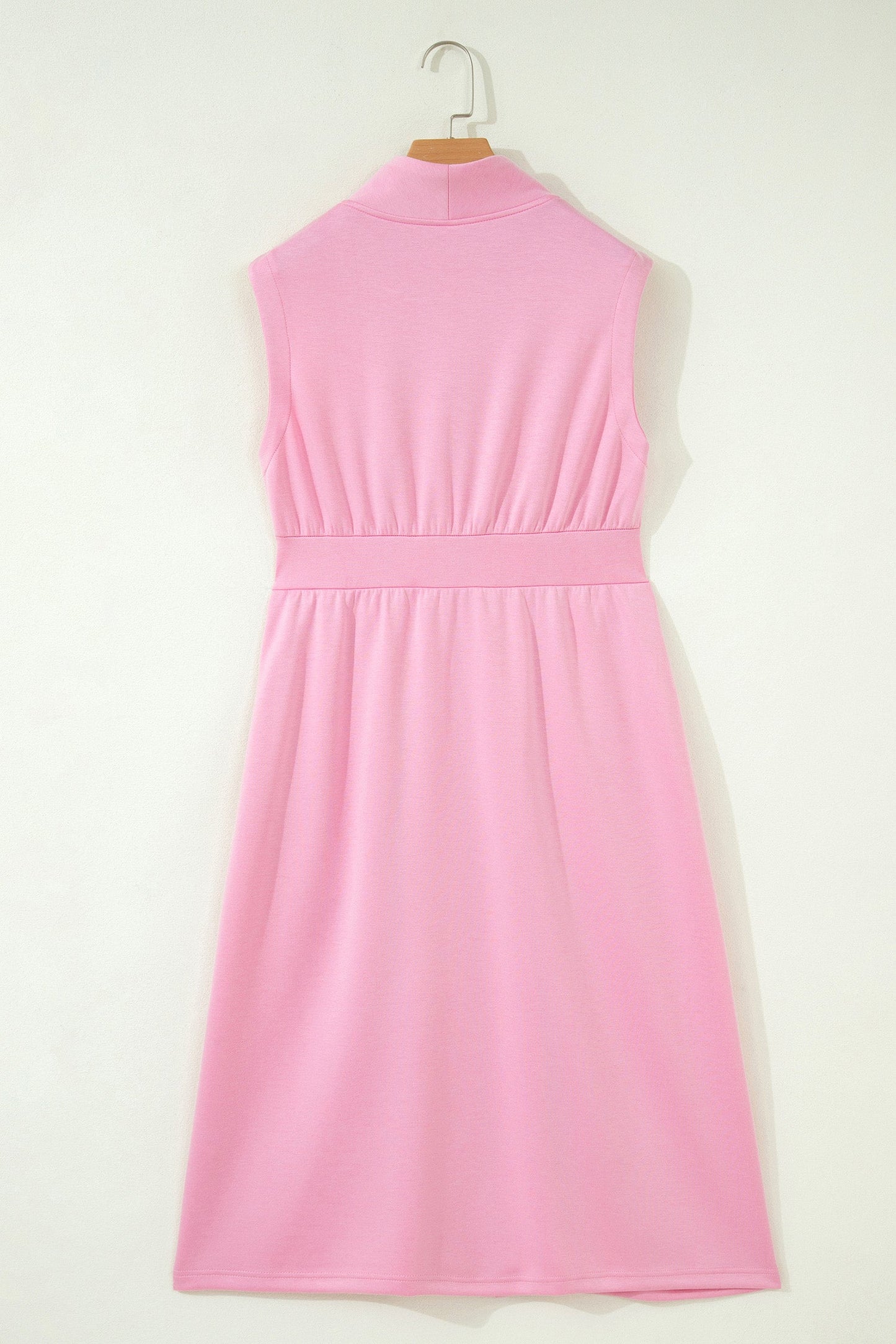 Solid Zip Up V-Neck Sleeveles Midi Dress