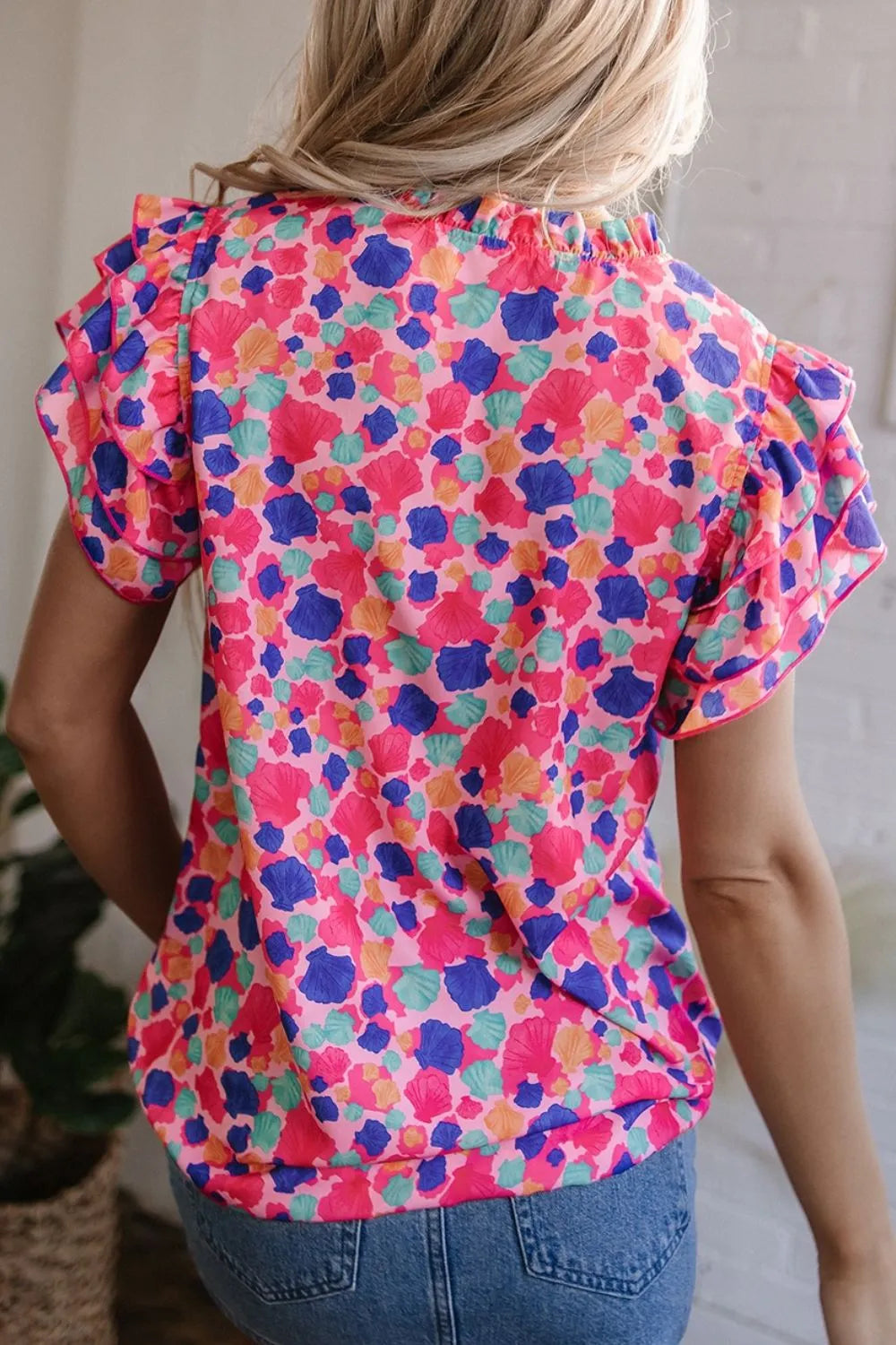 Abstract Print Ruffled Sleeve Notched Blouse