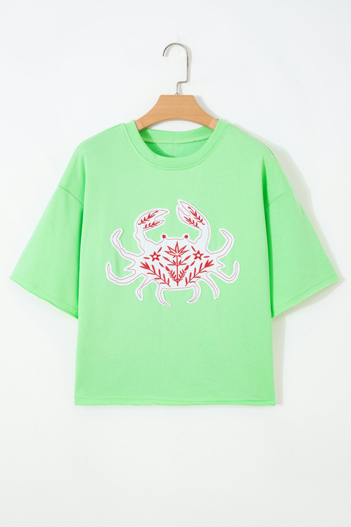 Crab Embroidered Patch Loose Round Neck Tee
