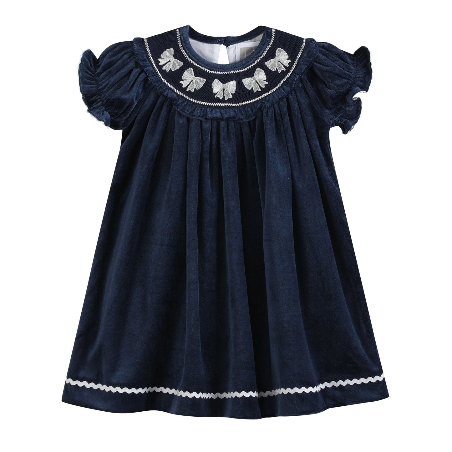 Blue Velvet Silver Bows Smocked Ruffle Bishop Dress