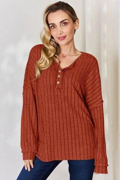 Basic Bae Full Size Ribbed Half Button Long Sleeve T-Shirt | Bona Fide Fashion