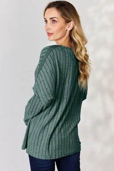 Basic Bae Full Size Ribbed Half Button Long Sleeve T-Shirt | Bona Fide Fashion