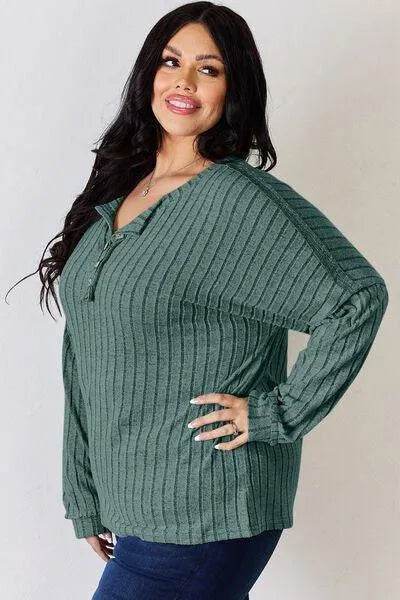 Basic Bae Full Size Ribbed Half Button Long Sleeve T-Shirt | Bona Fide Fashion