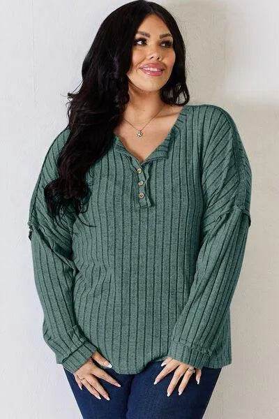 Basic Bae Full Size Ribbed Half Button Long Sleeve T-Shirt | Bona Fide Fashion