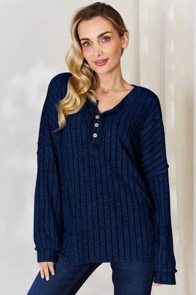 Basic Bae Full Size Ribbed Half Button Long Sleeve T-Shirt | Bona Fide Fashion