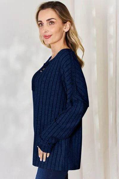 Basic Bae Full Size Ribbed Half Button Long Sleeve T-Shirt | Bona Fide Fashion