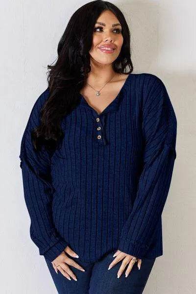 Basic Bae Full Size Ribbed Half Button Long Sleeve T-Shirt | Bona Fide Fashion