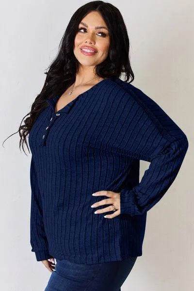 Basic Bae Full Size Ribbed Half Button Long Sleeve T-Shirt | Bona Fide Fashion
