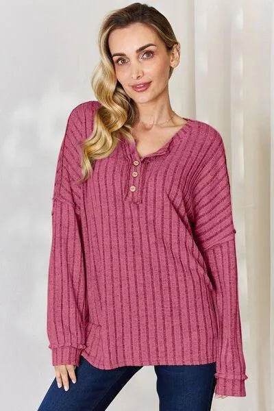 Basic Bae Full Size Ribbed Half Button Long Sleeve T-Shirt | Bona Fide Fashion