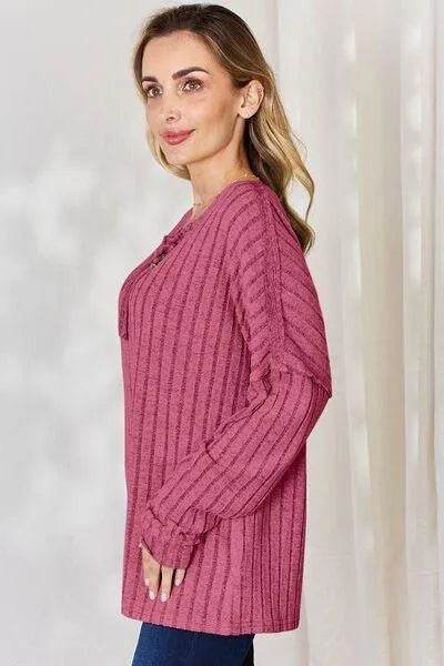 Basic Bae Full Size Ribbed Half Button Long Sleeve T-Shirt | Bona Fide Fashion
