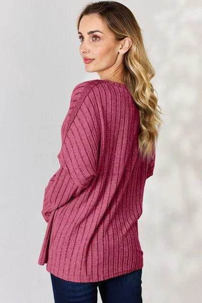 Basic Bae Full Size Ribbed Half Button Long Sleeve T-Shirt | Bona Fide Fashion