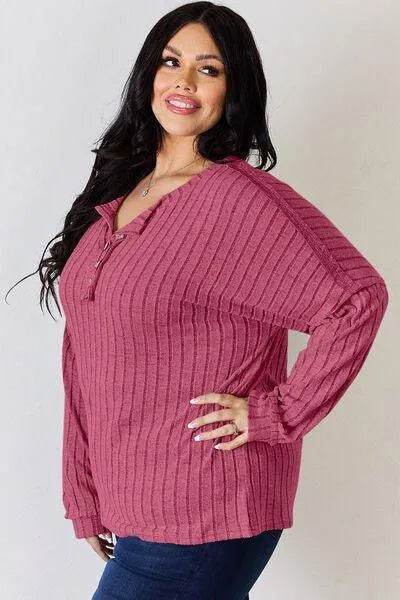 Basic Bae Full Size Ribbed Half Button Long Sleeve T-Shirt | Bona Fide Fashion