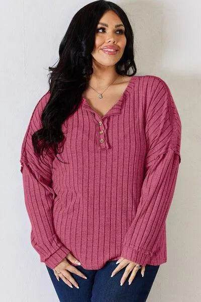 Basic Bae Full Size Ribbed Half Button Long Sleeve T-Shirt | Bona Fide Fashion