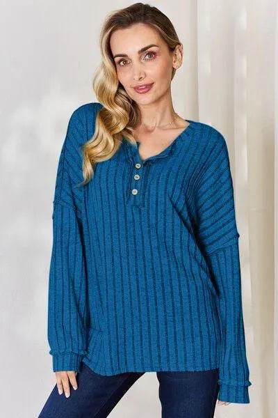 Basic Bae Full Size Ribbed Half Button Long Sleeve T-Shirt | Bona Fide Fashion