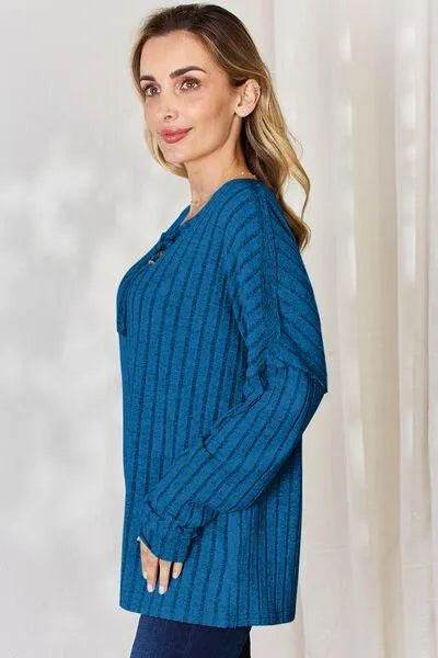 Basic Bae Full Size Ribbed Half Button Long Sleeve T-Shirt | Bona Fide Fashion