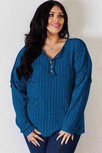 Basic Bae Full Size Ribbed Half Button Long Sleeve T-Shirt | Bona Fide Fashion