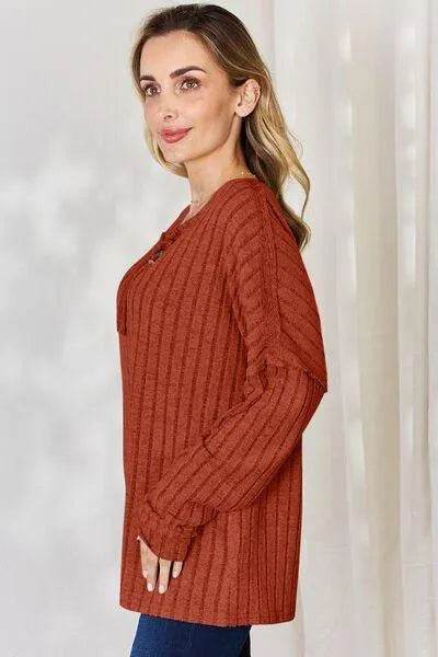 Basic Bae Full Size Ribbed Half Button Long Sleeve T-Shirt | Bona Fide Fashion