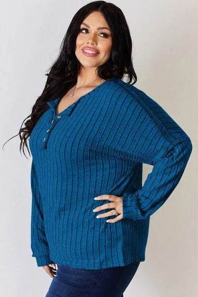Basic Bae Full Size Ribbed Half Button Long Sleeve T-Shirt | Bona Fide Fashion