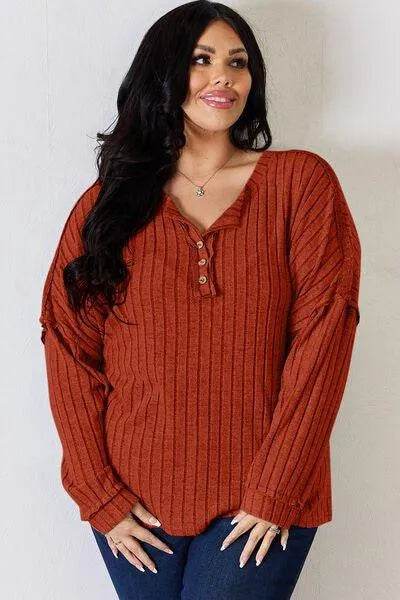 Basic Bae Full Size Ribbed Half Button Long Sleeve T-Shirt | Bona Fide Fashion