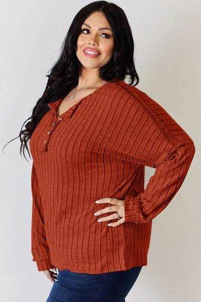 Basic Bae Full Size Ribbed Half Button Long Sleeve T-Shirt | Bona Fide Fashion