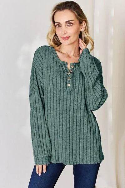 Basic Bae Full Size Ribbed Half Button Long Sleeve T-Shirt | Bona Fide Fashion