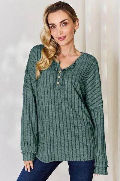 Basic Bae Full Size Ribbed Half Button Long Sleeve T-Shirt | Bona Fide Fashion