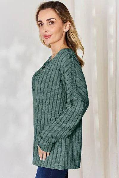 Basic Bae Full Size Ribbed Half Button Long Sleeve T-Shirt | Bona Fide Fashion