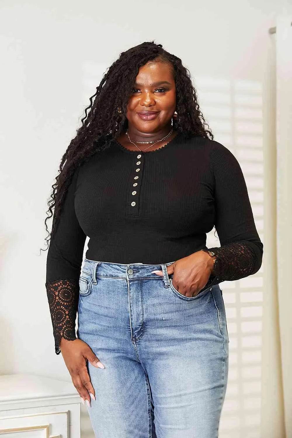 Crochet Lace Hem Sleeve Button Top | Double Take Feminine Style – Bona Fide Fashion