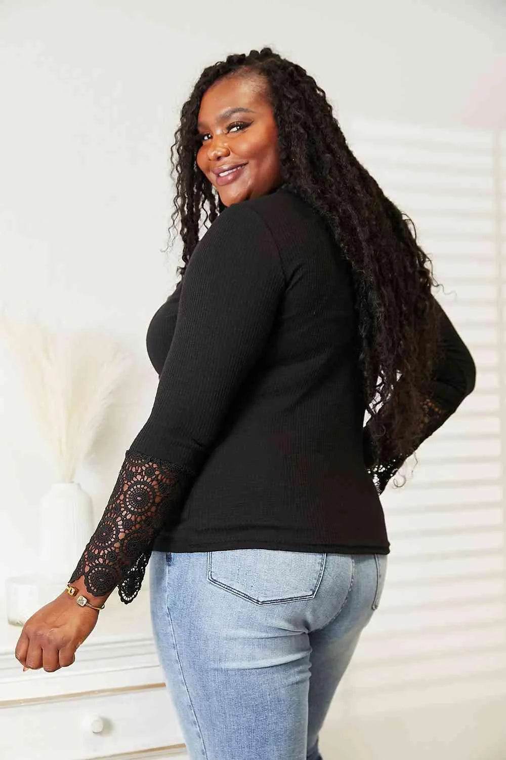 Crochet Lace Hem Sleeve Button Top | Double Take Feminine Style – Bona Fide Fashion
